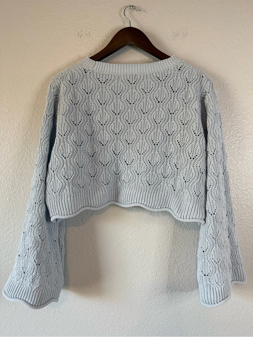 NWOT Cupcake Blue Pointelle Knit Bell Sleeve Cropped Sweater Size Small
